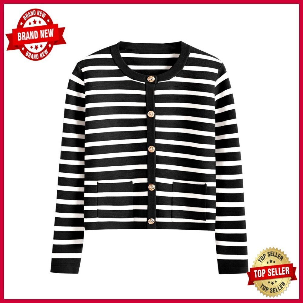 Cropped Striped Cardigan Sweater Button Down Long Sleeve Knit Top